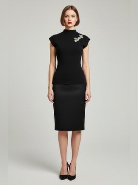 Elegant Black Cap-Sleeve Sweater with Crystal Detail - Women's